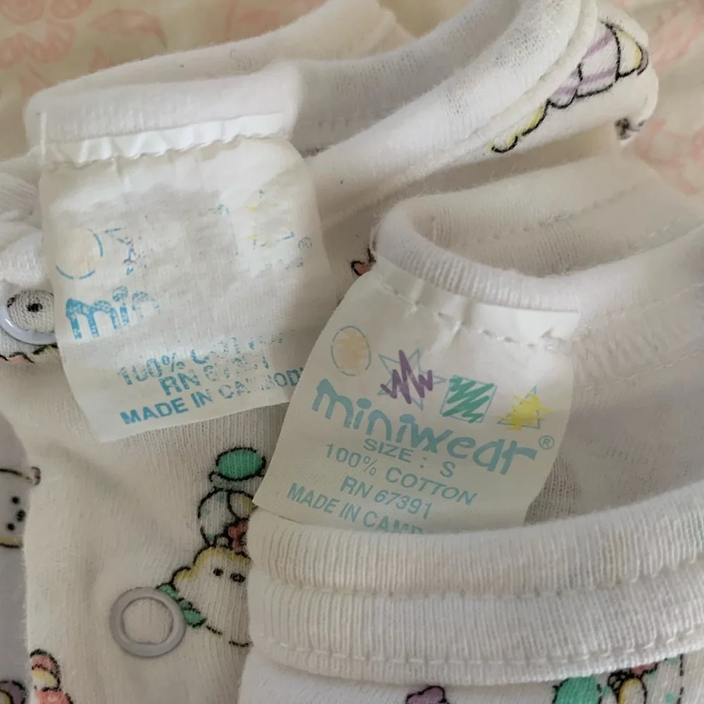 VTG Miniwear Sleeping Gown Sack 1 Piece Hat  Bears 3 PC Set Pajama White Newborn